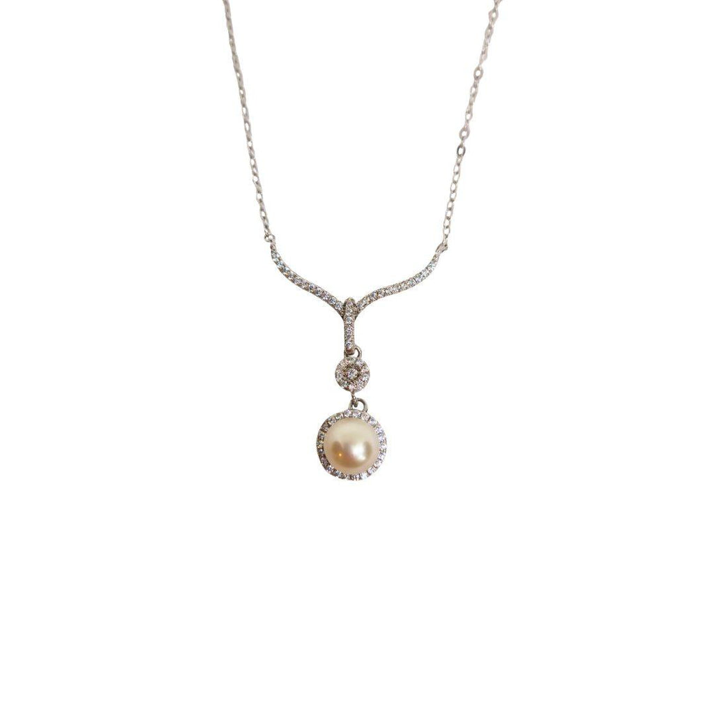 Vintage Pearl Drop Sterling Silver Necklace – CZ Halo Elegance