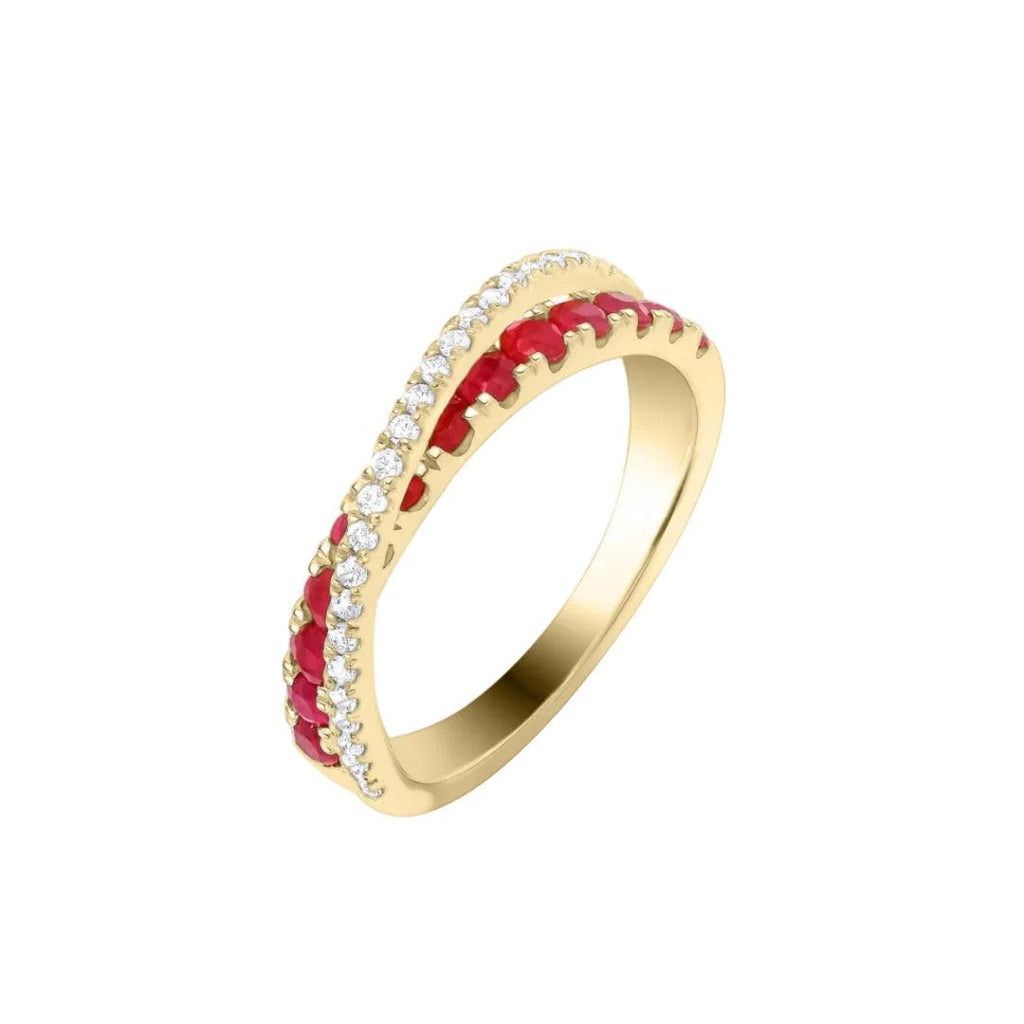 9ct Yellow Gold Ruby & Natural Diamond Cross‑Over Ring