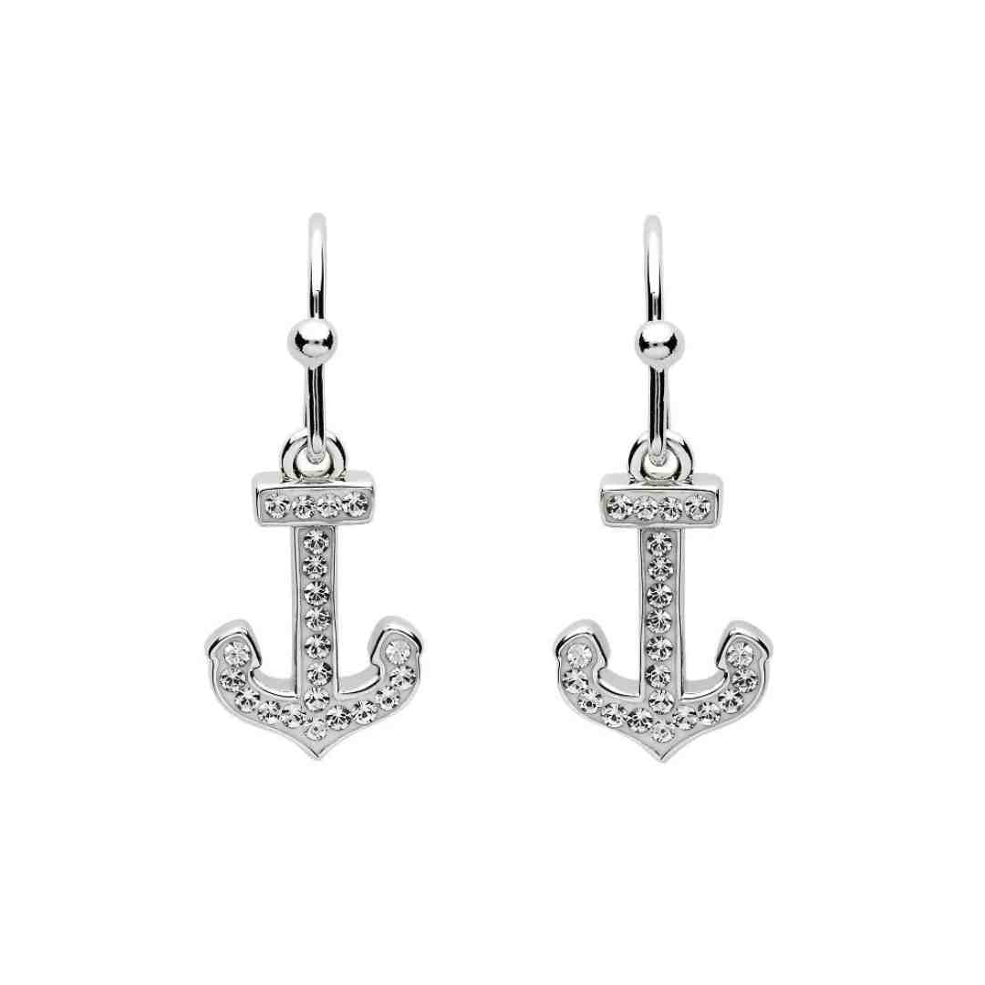 Anchor Drop Earrings - Sterling Silver & Crystal