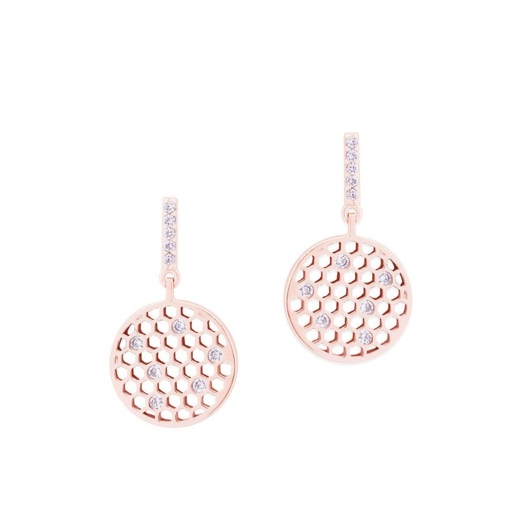 Bee Circle Honeycomb Earrings - Rose Gold