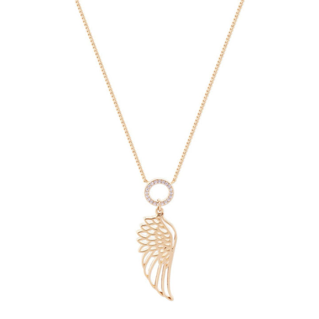 Gold angel wing necklace on a white background