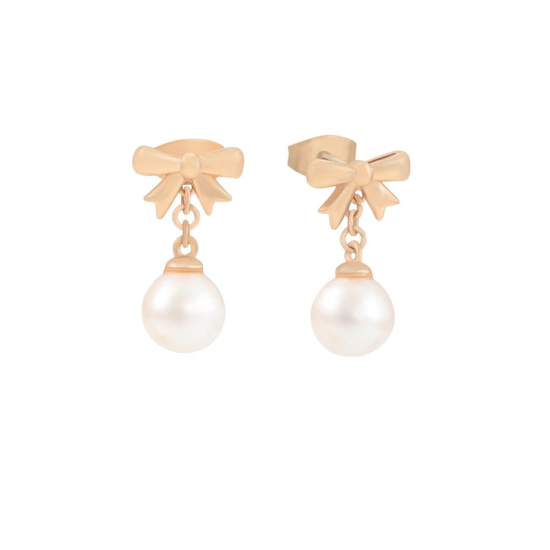 Bow Pearl Drop Earrings - Gold