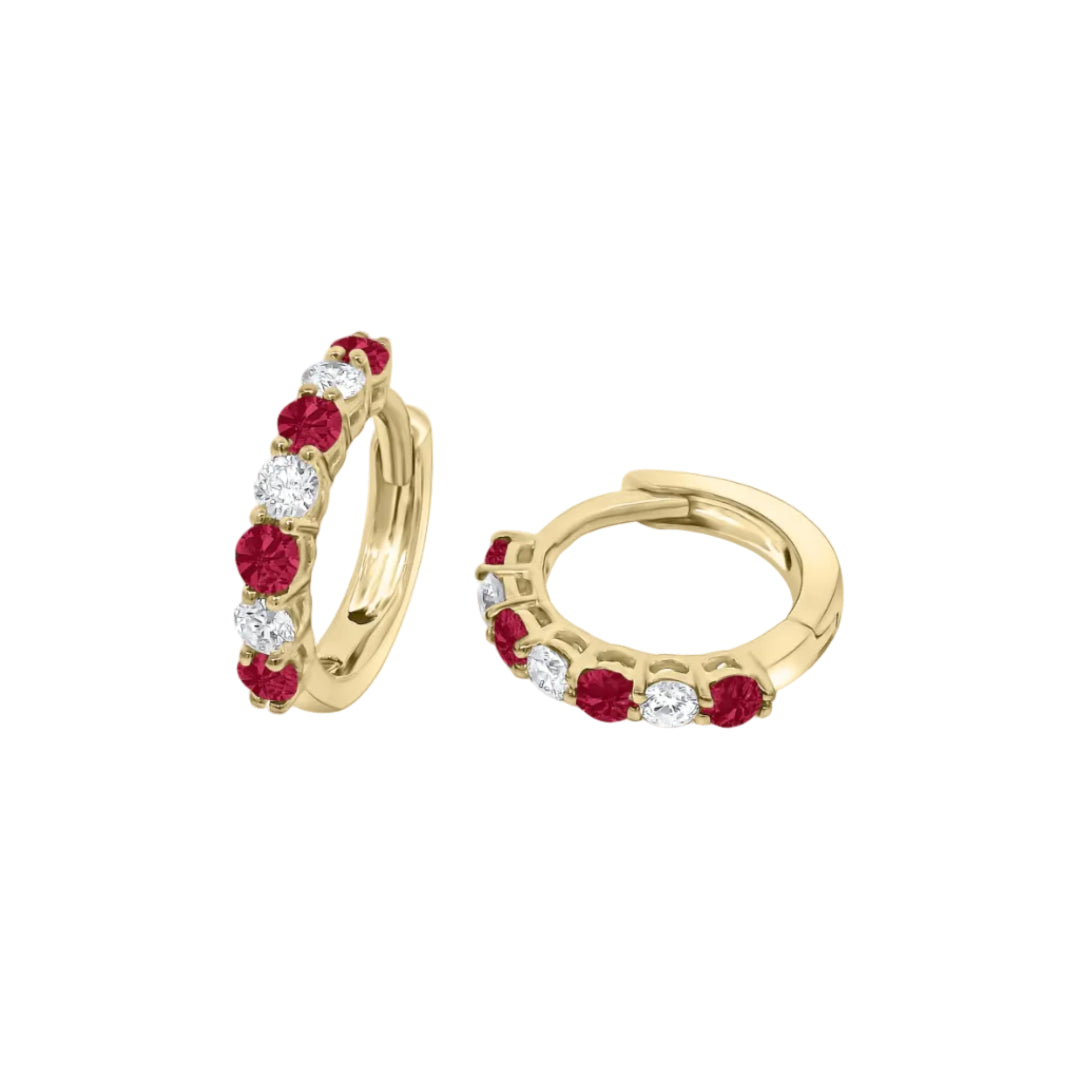 18ct Yellow Gold Ruby & Natural Diamond Huggie Earrings