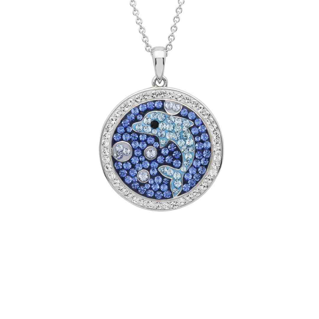 Circle Dolphin Pendant – Sterling Silver & Aqua Crystal