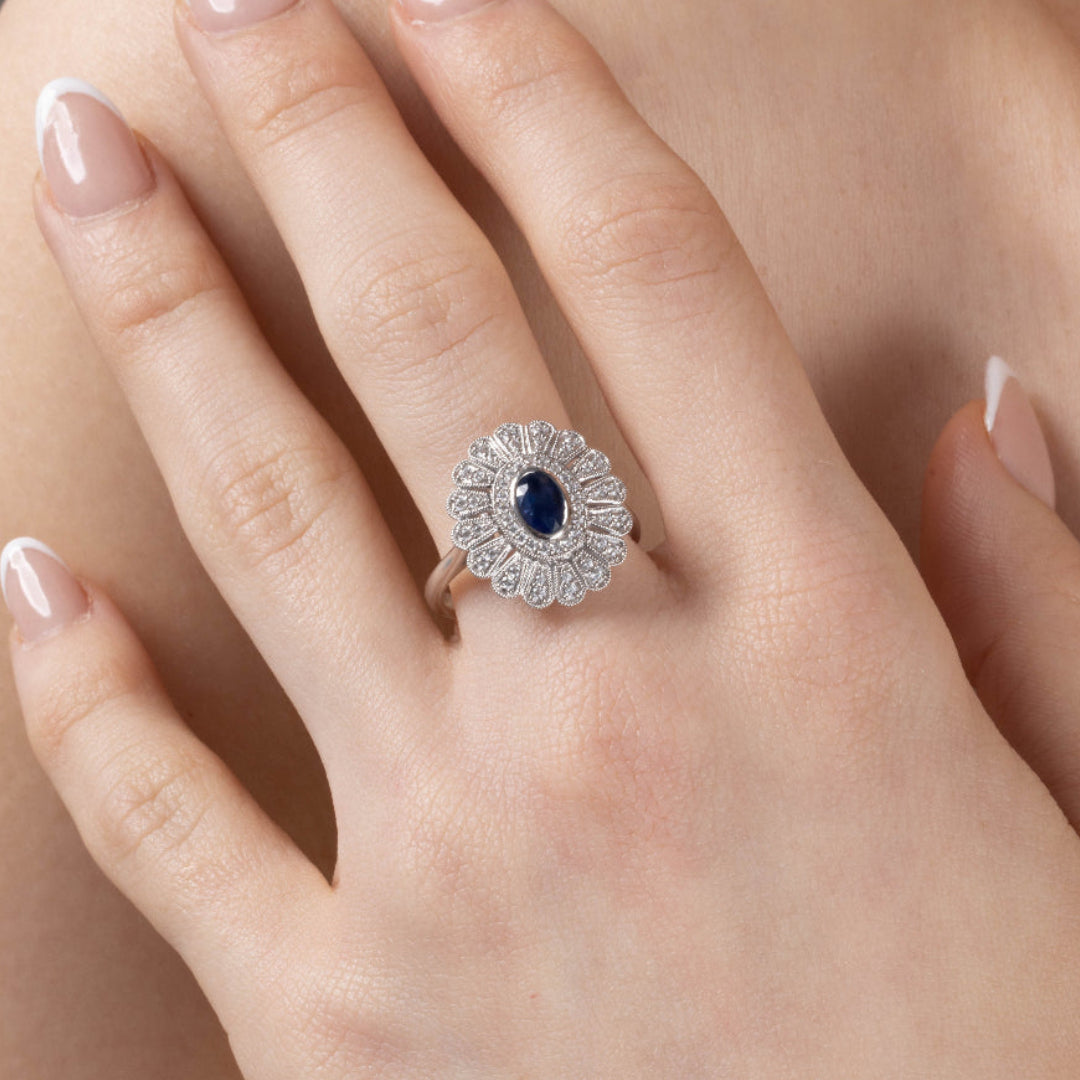 9ct White Gold Sapphire & Diamond Cluster Ring