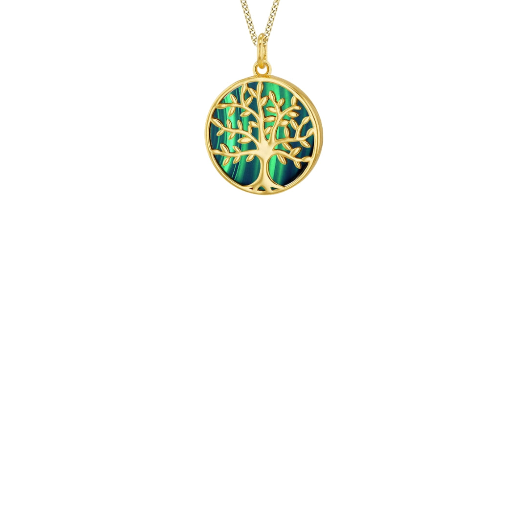 Sterling Silver Yellow Gold Plated Malachite Tree of Life Pendant