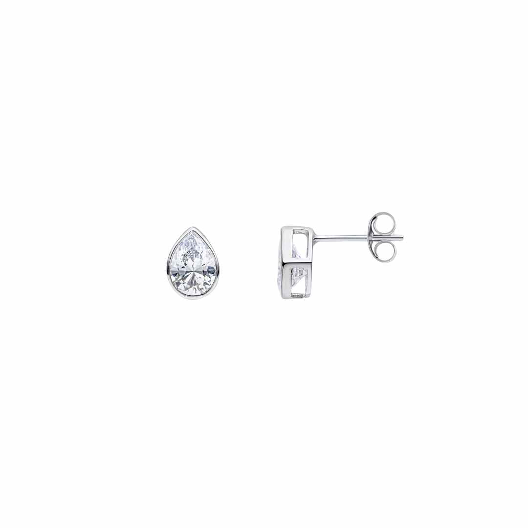 9CT White Gold Pear Shaped Cubic Zirconia Rubover Stud Earrings 7x5mm