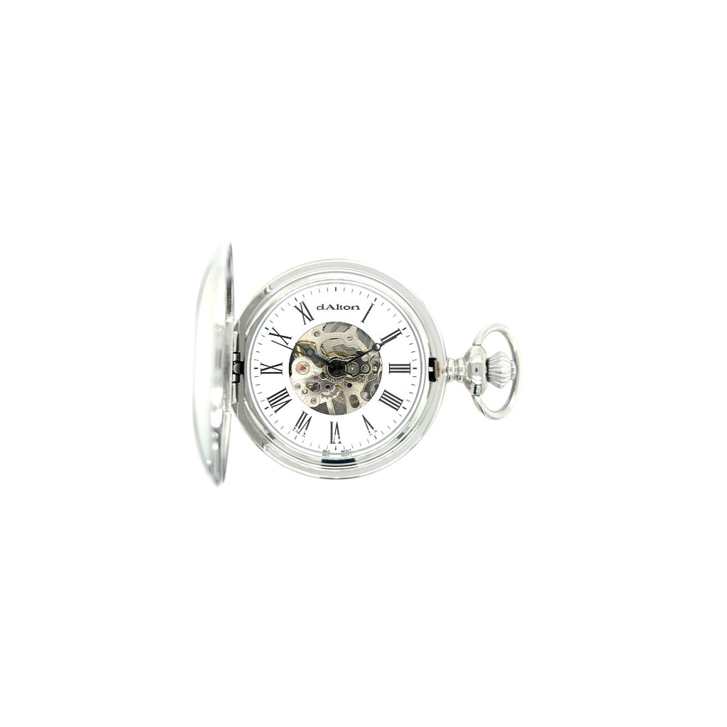 Dalton Silver-Tone Mechanical Skeleton Pocket Watch with Roman Dial