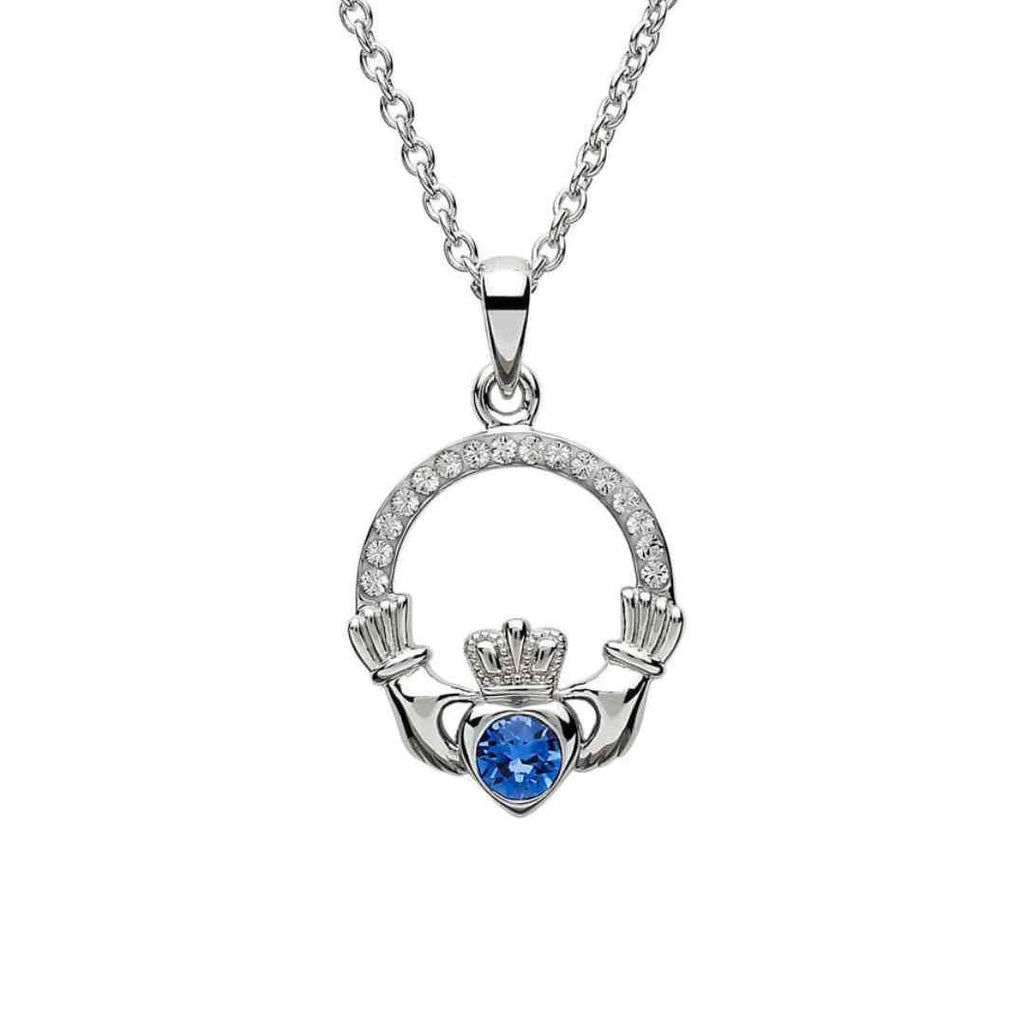 Sterling Silver CZ Claddagh September Birthstone Pendant