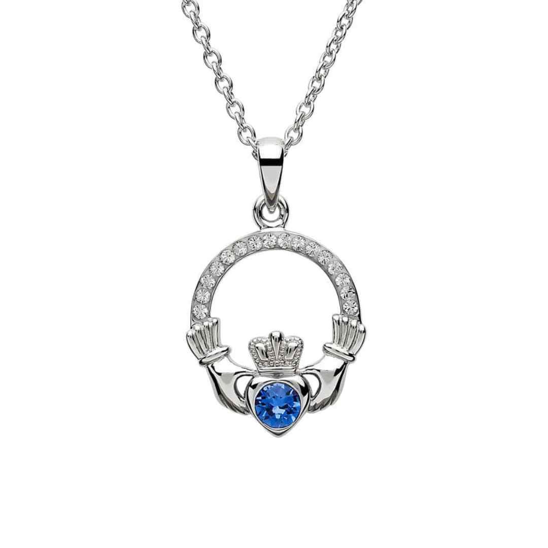 Sterling Silver CZ Claddagh September Birthstone Pendant