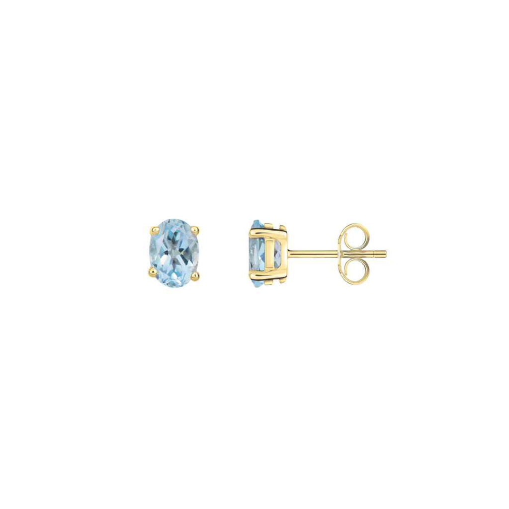 9CT Yellow Gold Oval Aquamarine Claw Stud Earrings 7x5mm