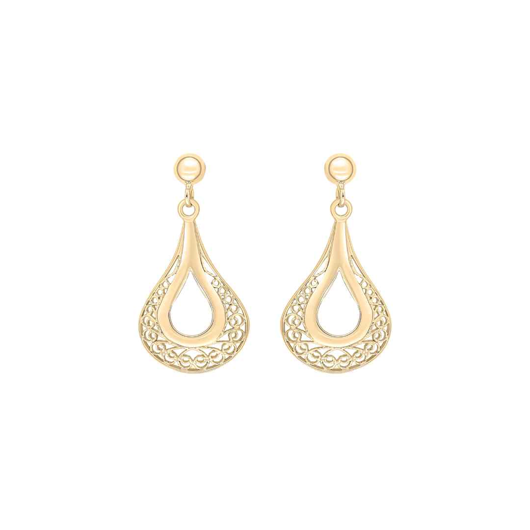 9CT Yellow Gold Teardrop Filigree Drop Earrings