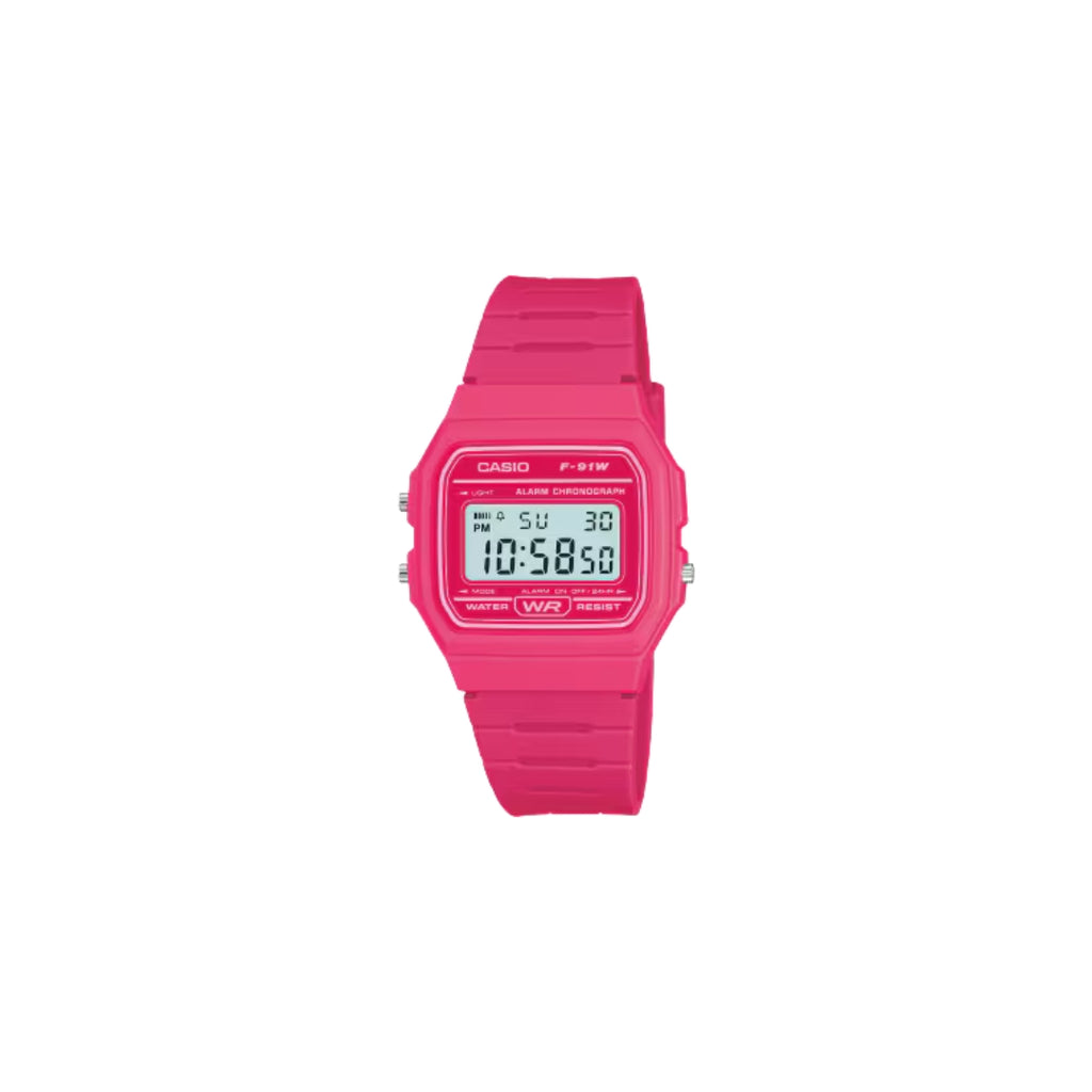 Casio F-91W Colour Collection – Pink Resin Case and Strap with Digital Display