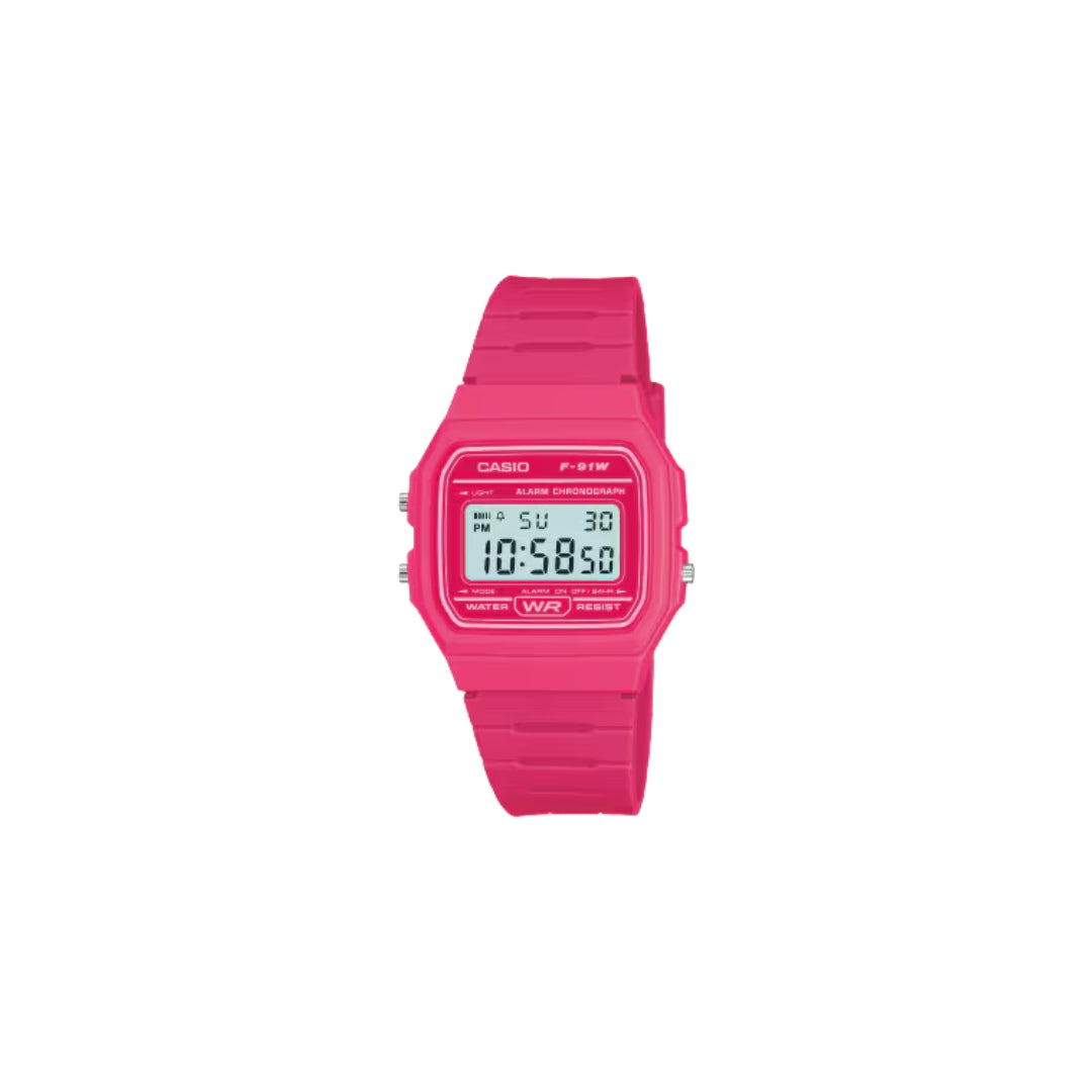 Casio F-91W Colour Collection – Pink Resin Case and Strap with Digital Display