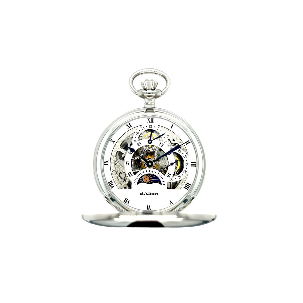 Dalton Silver-Tone Skeleton Pocket Watch with Multifunction Dial