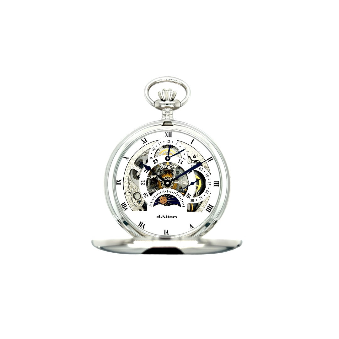 Dalton Silver-Tone Skeleton Pocket Watch with Multifunction Dial
