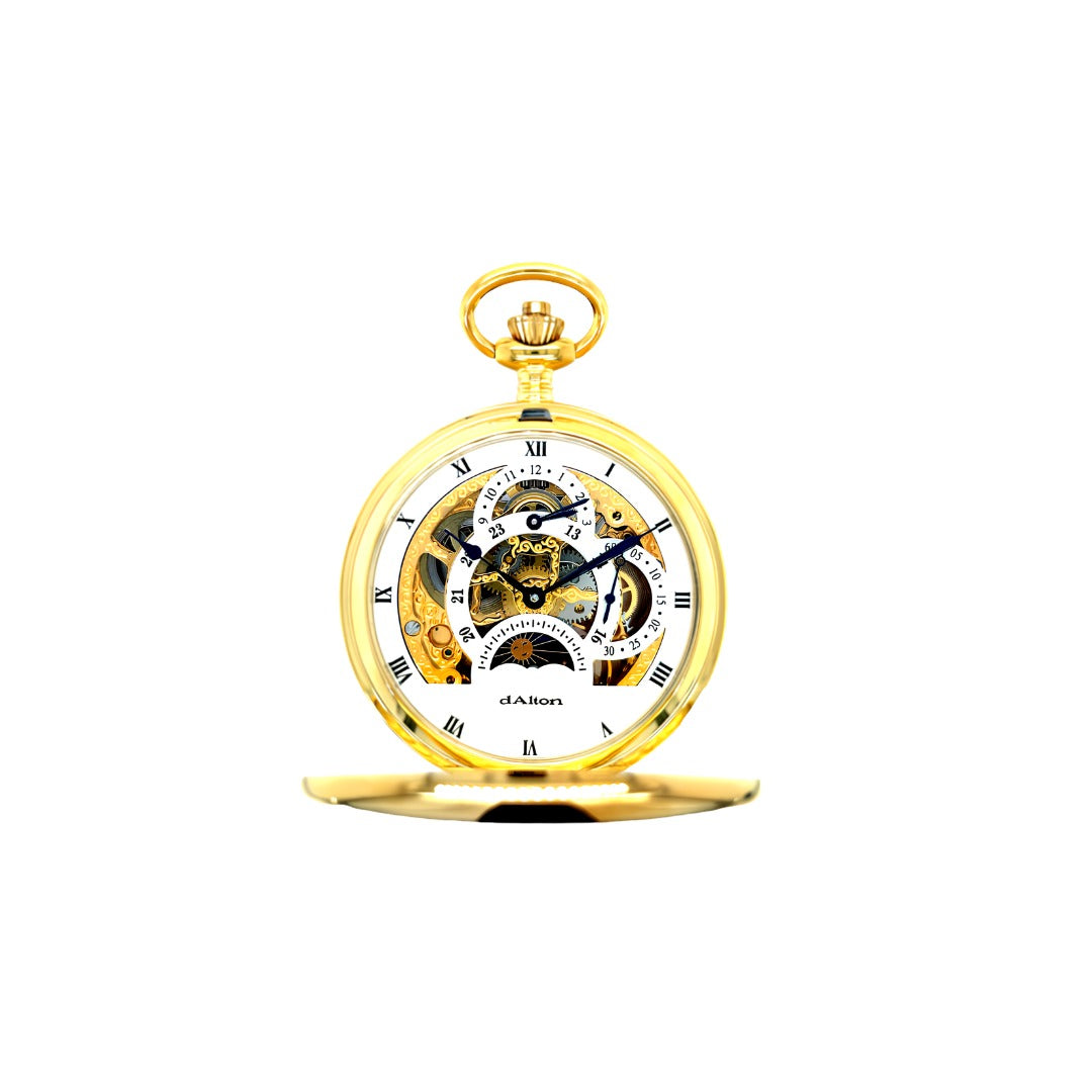 Dalton Gold-Tone Mechanical Skeleton Pocket Watch with Multi-Function Dial