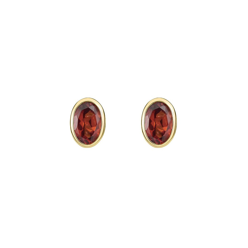 9CT Yellow Gold Oval Garnet Rubover Stud Earrings 6x4mm