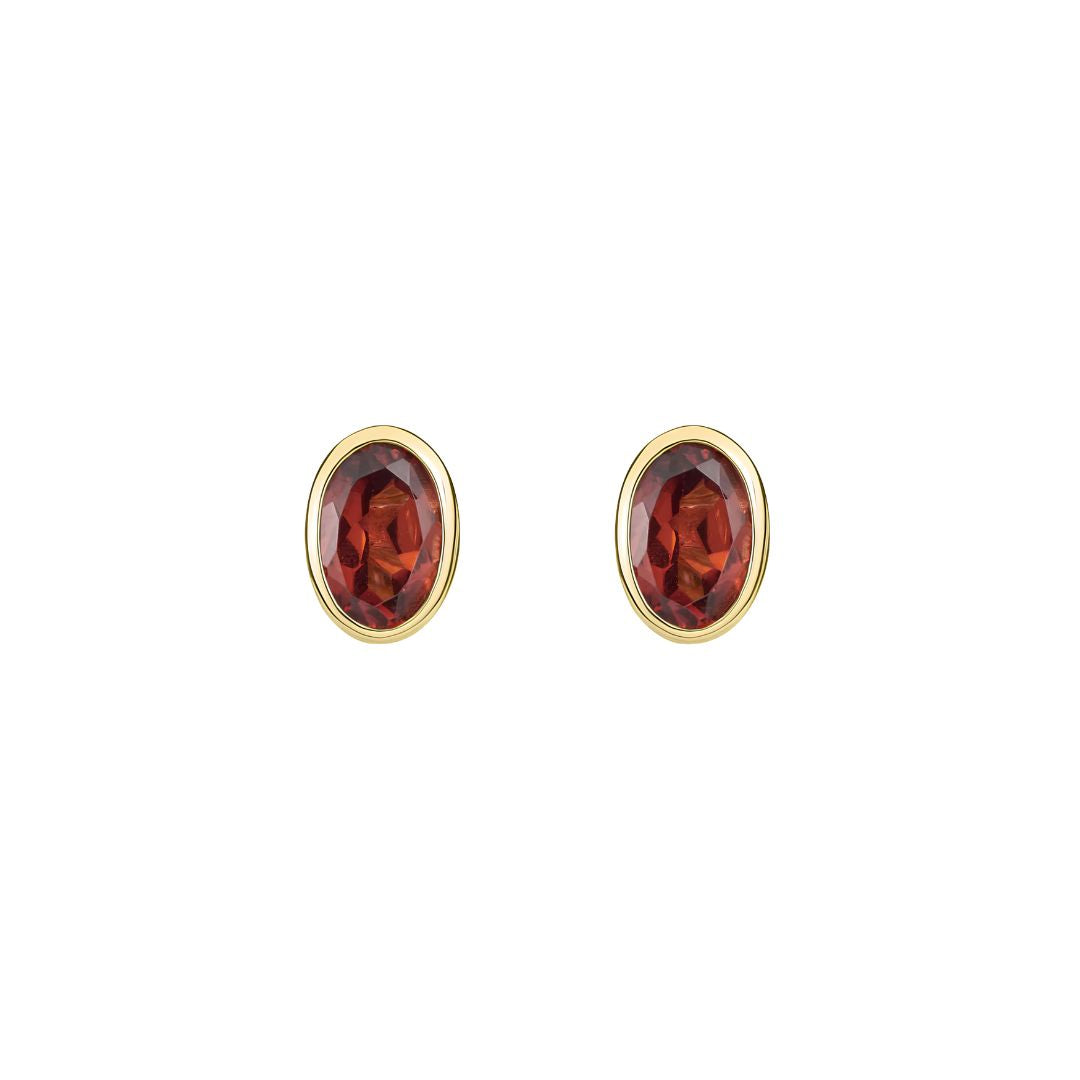 9CT Yellow Gold Oval Garnet Rubover Stud Earrings 6x4mm