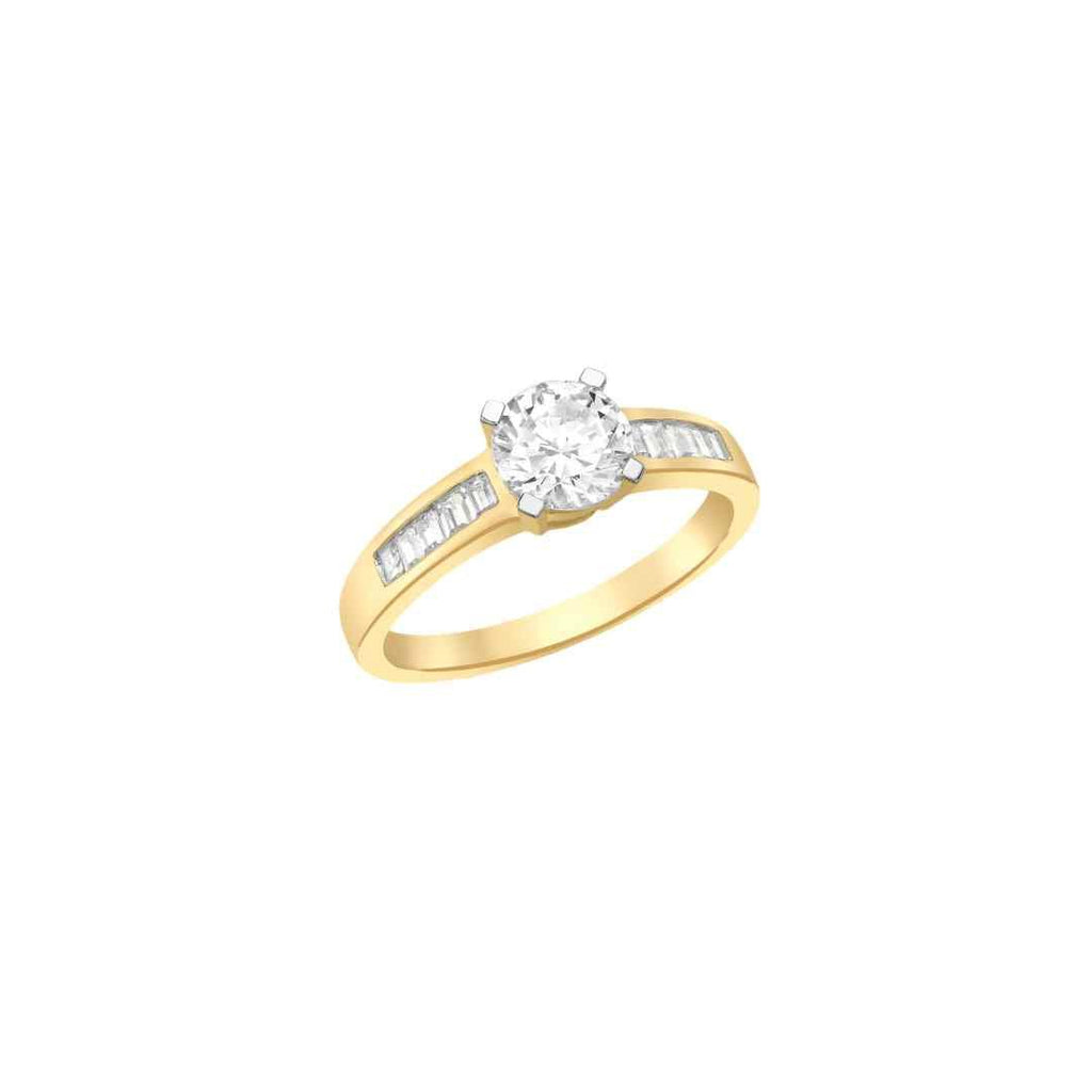 9ct Yellow Gold CZ Solitaire & Baguette Shoulder Ring