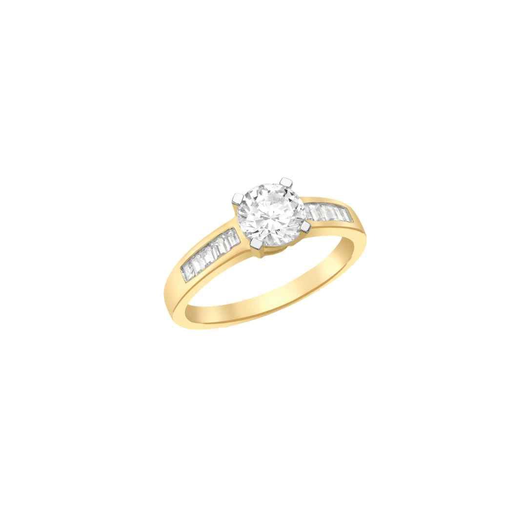 9ct Yellow Gold CZ Solitaire & Baguette Shoulder Ring