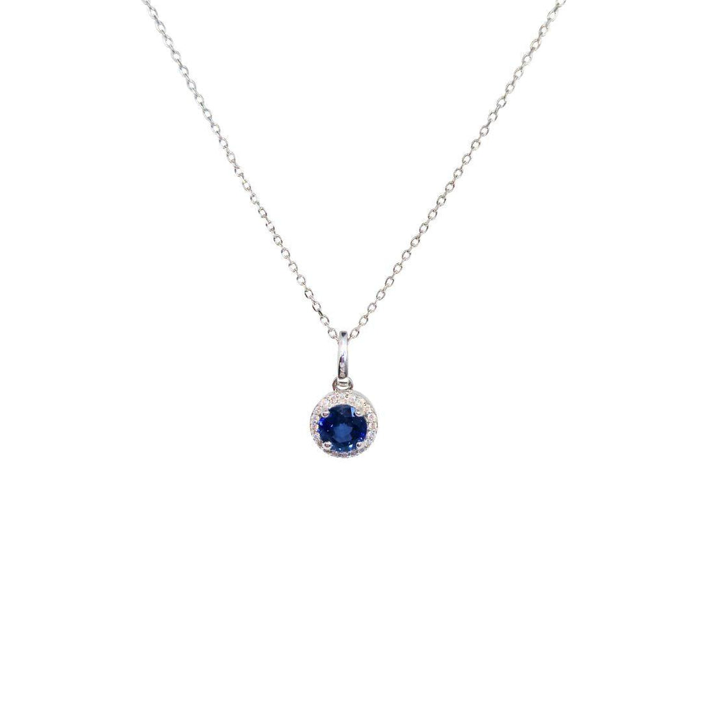 Sapphire & Diamond Halo Pendant – 9ct White Gold
