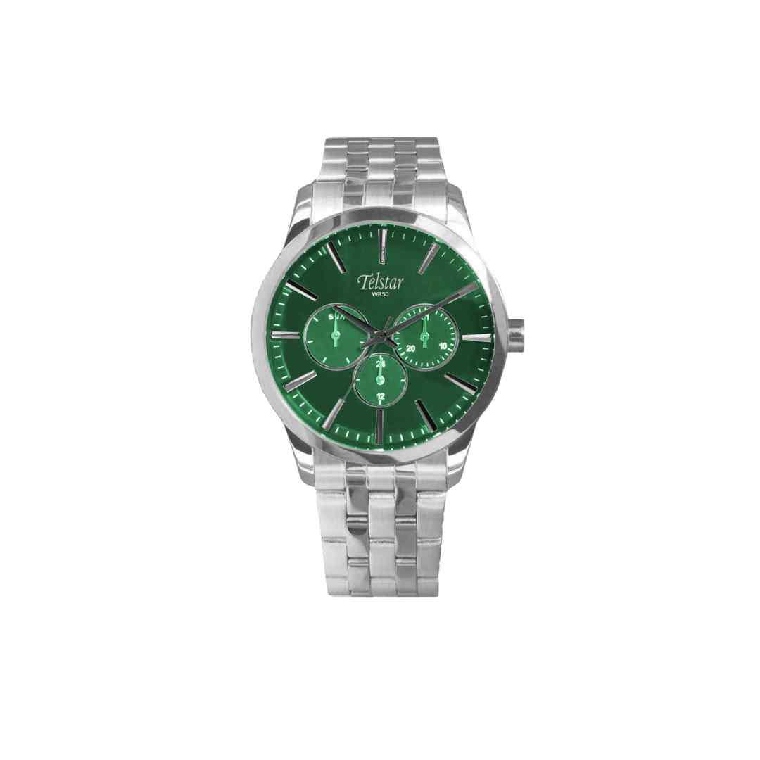 Telstar Gents Silver Bracelet Watch — Green Chrono Dial