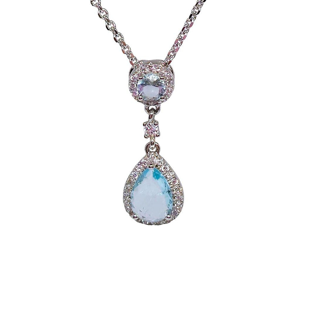 Blue Aurora Drops Sterling Silver Necklace – Double Halo CZ Glow