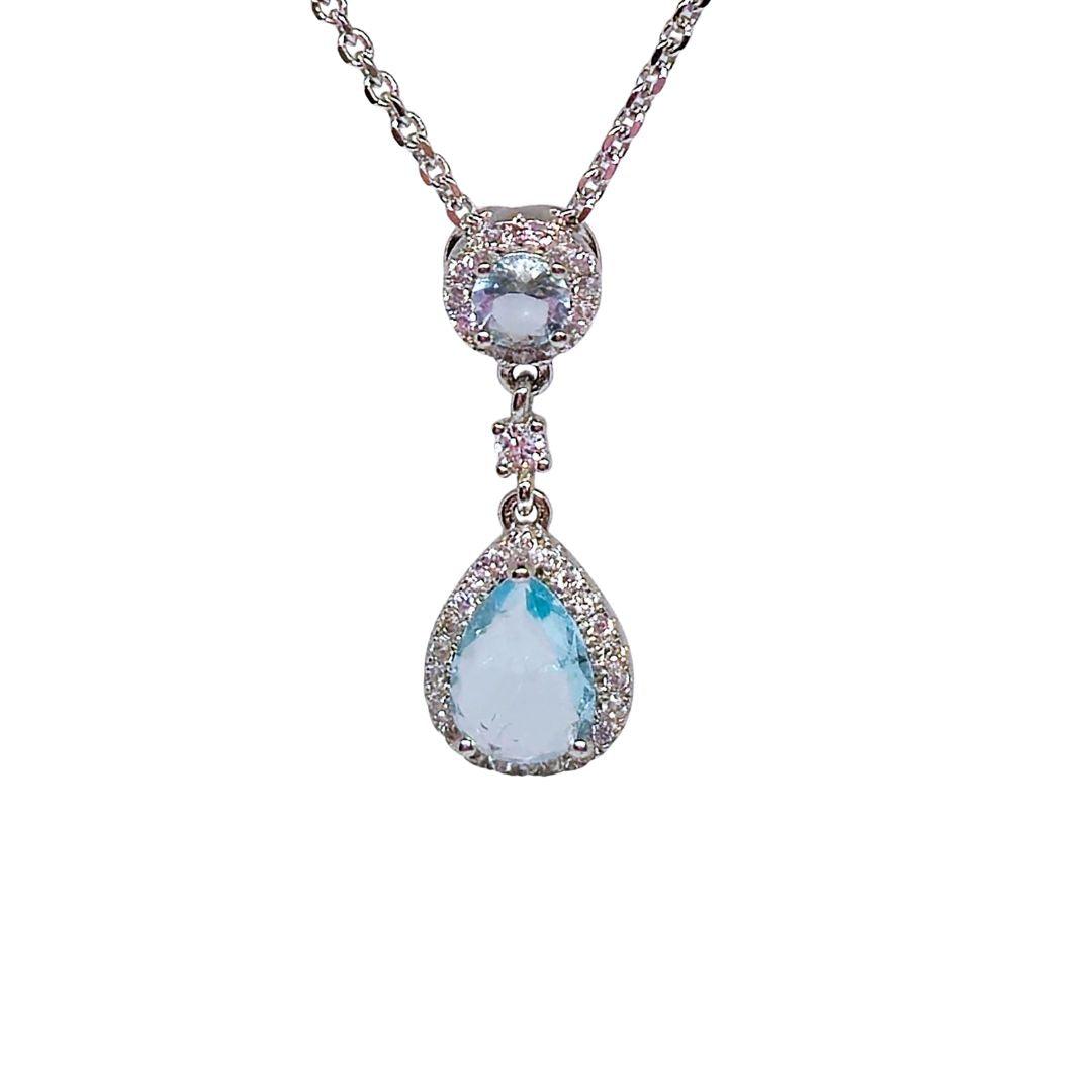Blue Aurora Drops Sterling Silver Necklace – Double Halo CZ Glow