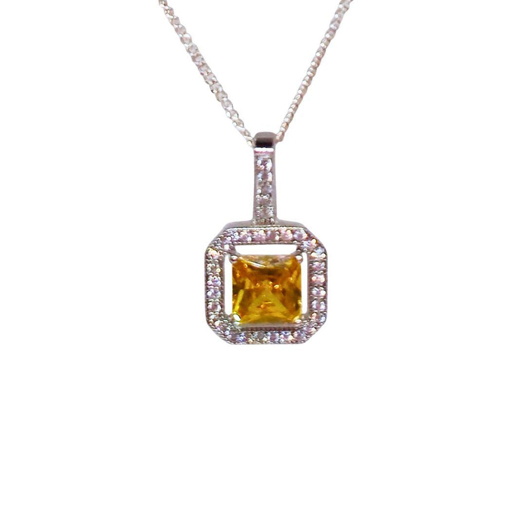 Golden Radiance Sterling Silver Necklace – Princess-Cut CZ Halo