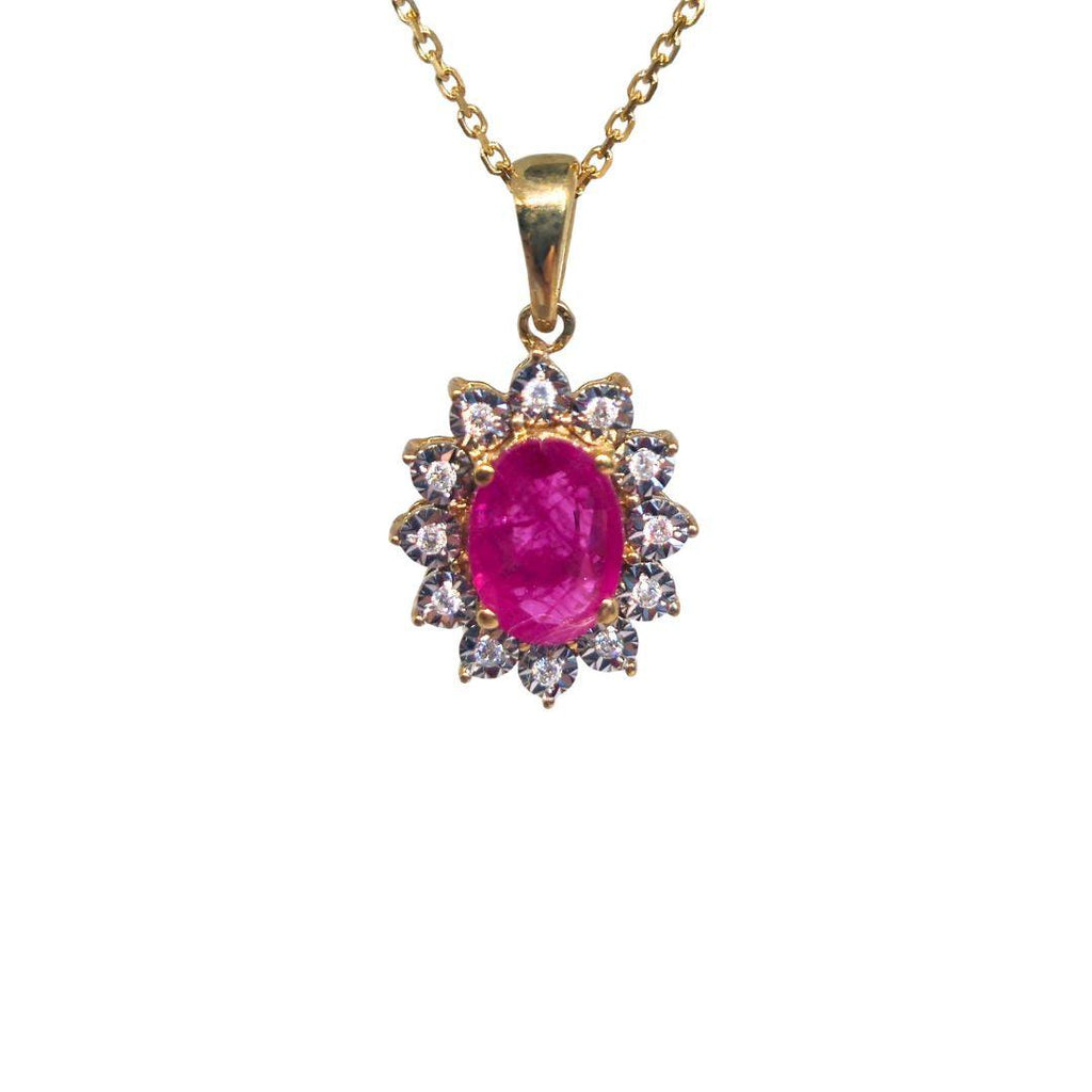 Oval Ruby Halo Diamond Pendant – 9ct Gold