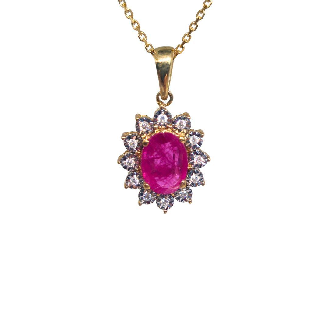 Oval Ruby Halo Diamond Pendant – 9ct Gold
