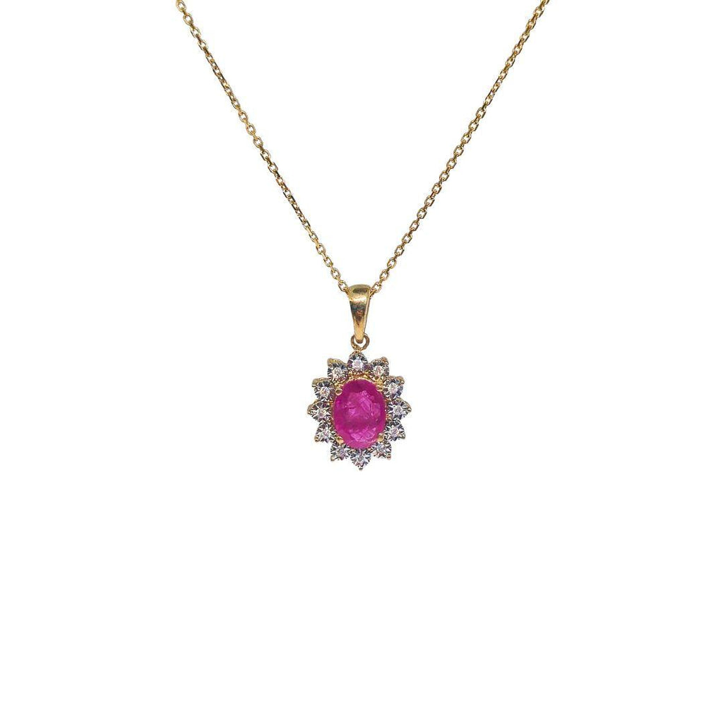 Oval Ruby Halo Diamond Pendant – 9ct Gold