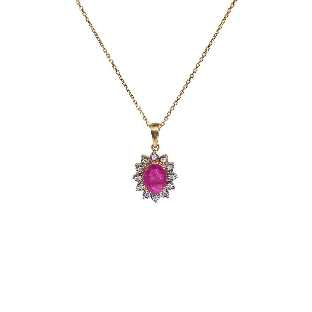 Oval Ruby Halo Diamond Pendant – 9ct Gold