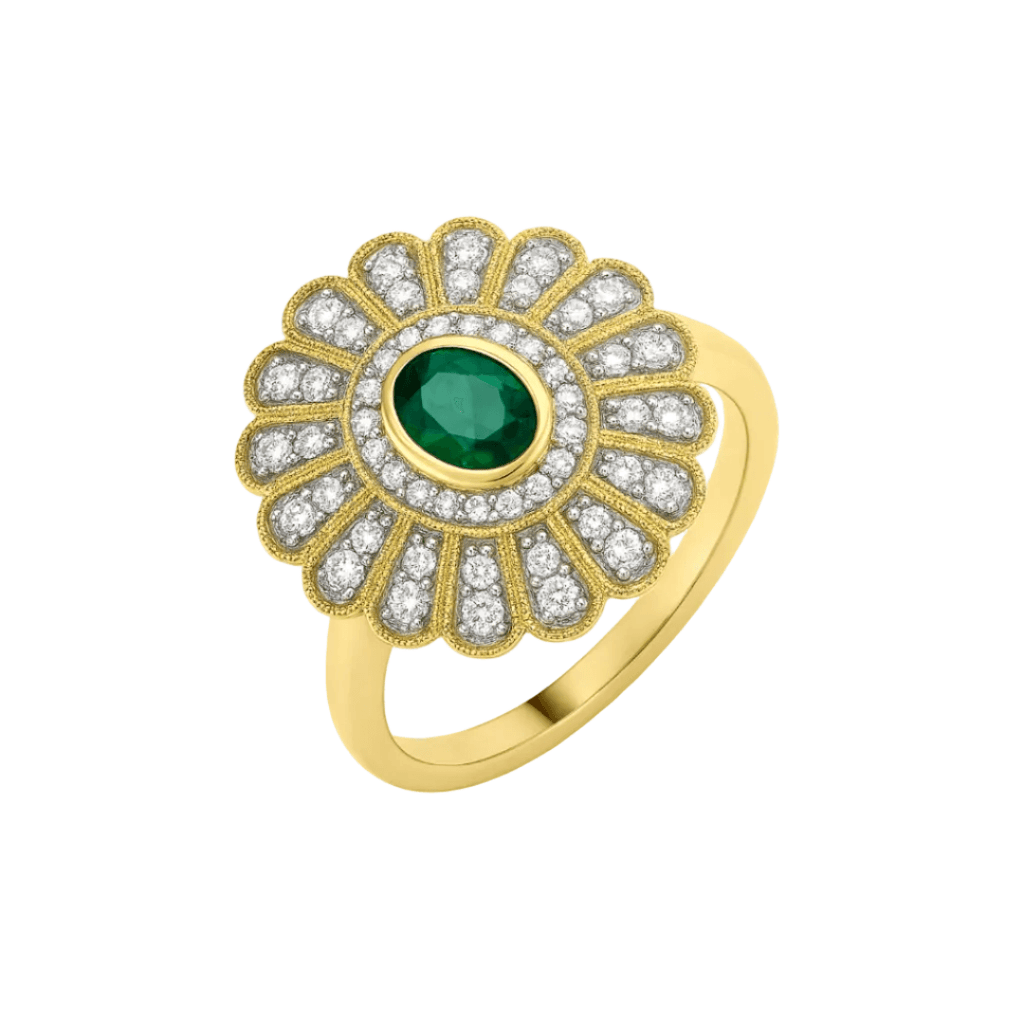 9ct Yellow Gold Emerald & Diamond Cluster Ring
