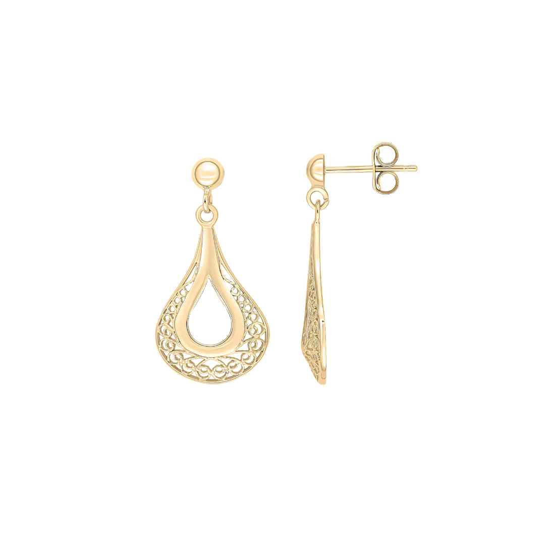 9CT Yellow Gold Teardrop Filigree Drop Earrings