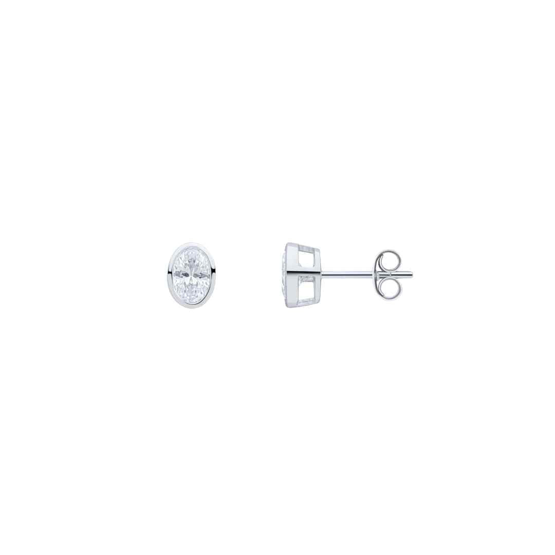 9CT White Gold Oval Cubic Zirconia Rubover Stud Earrings 6x4mm
