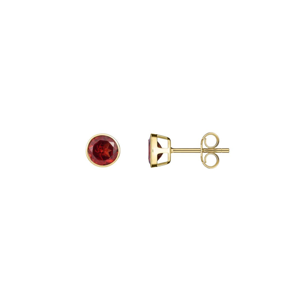 9CT Yellow Gold Round Garnet Rubover Stud Earrings 5mm