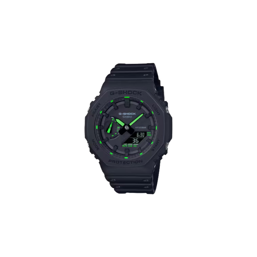 G-SHOCK GA-2100 Series – Black Resin Case and Strap with Green Accents