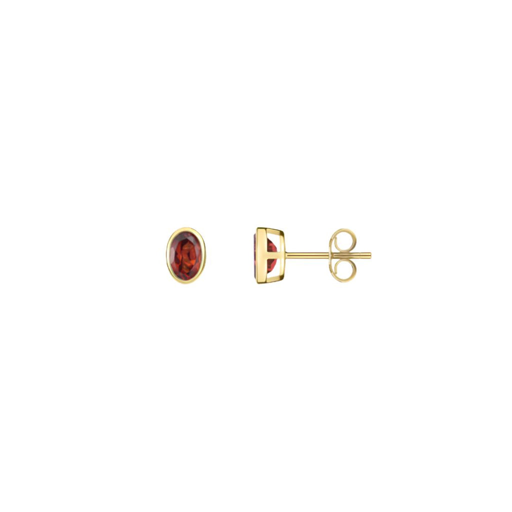 9CT Yellow Gold Oval Garnet Rubover Stud Earrings 6x4mm