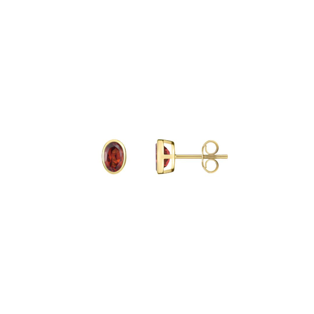 9CT Yellow Gold Oval Garnet Rubover Stud Earrings 6x4mm