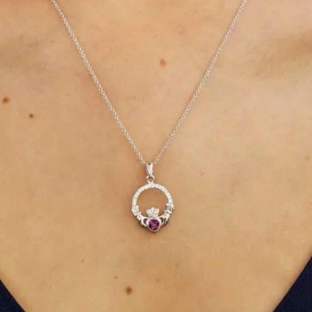 Sterling Silver CZ Claddagh February Birthstone Pendant