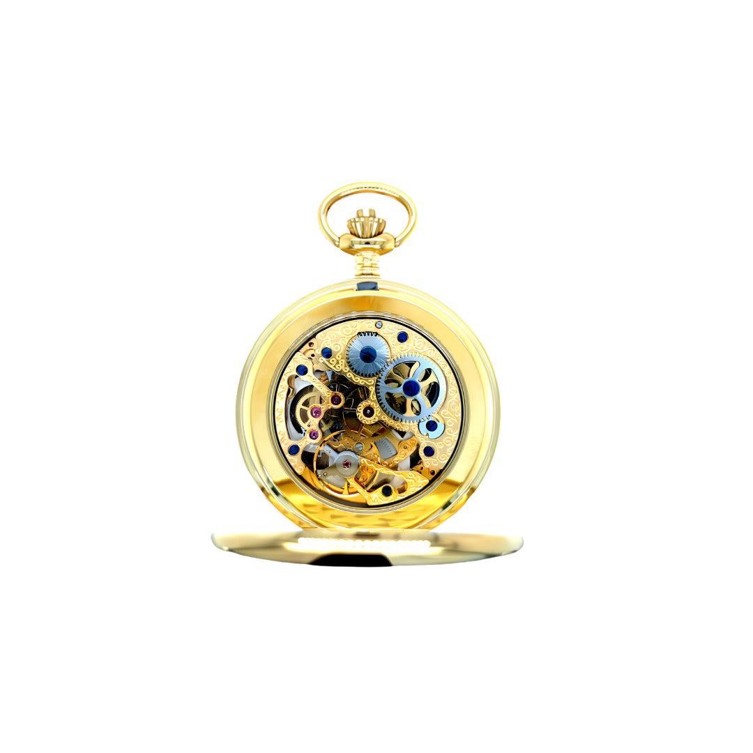 Dalton Gold-Tone Mechanical Skeleton Pocket Watch with Multi-Function Dial