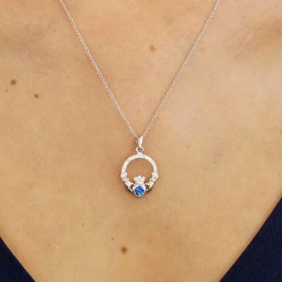 Sterling Silver CZ Claddagh September Birthstone Pendant