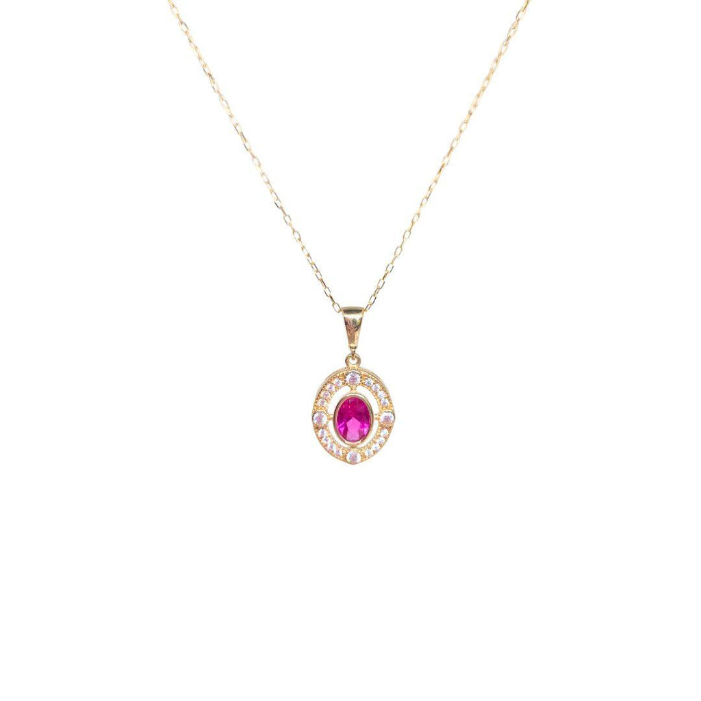 Ruby Oval Halo Pendant Necklace - 9ct Gold