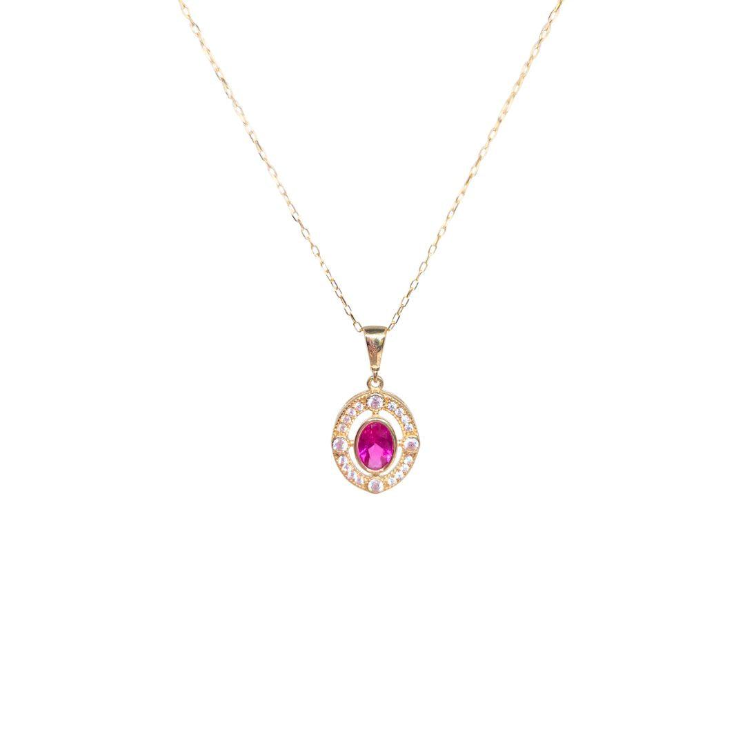 Ruby Oval Halo Pendant Necklace - 9ct Gold