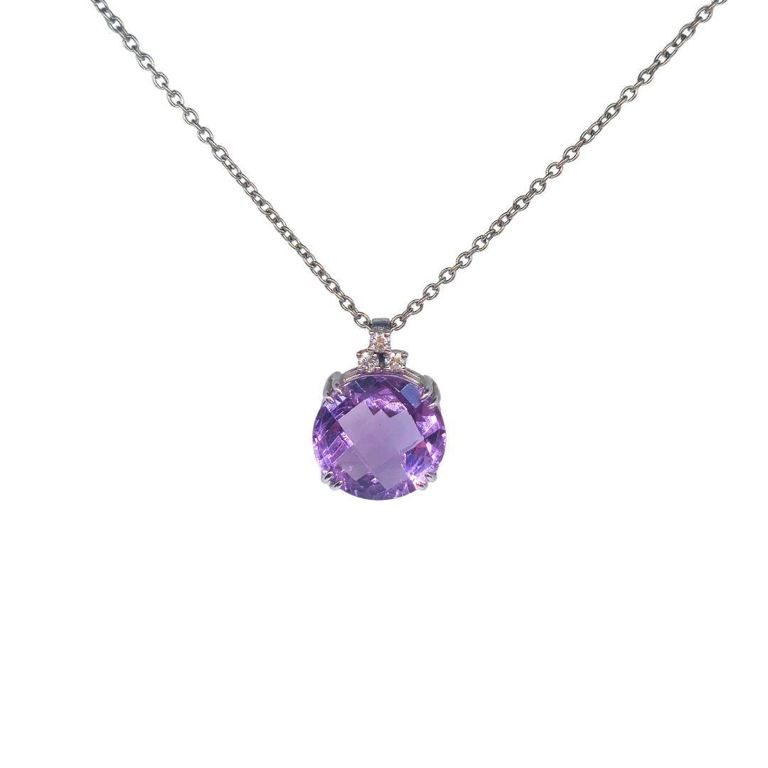 Amethyst & Diamond Crown-Set Pendant – 9ct White Gold