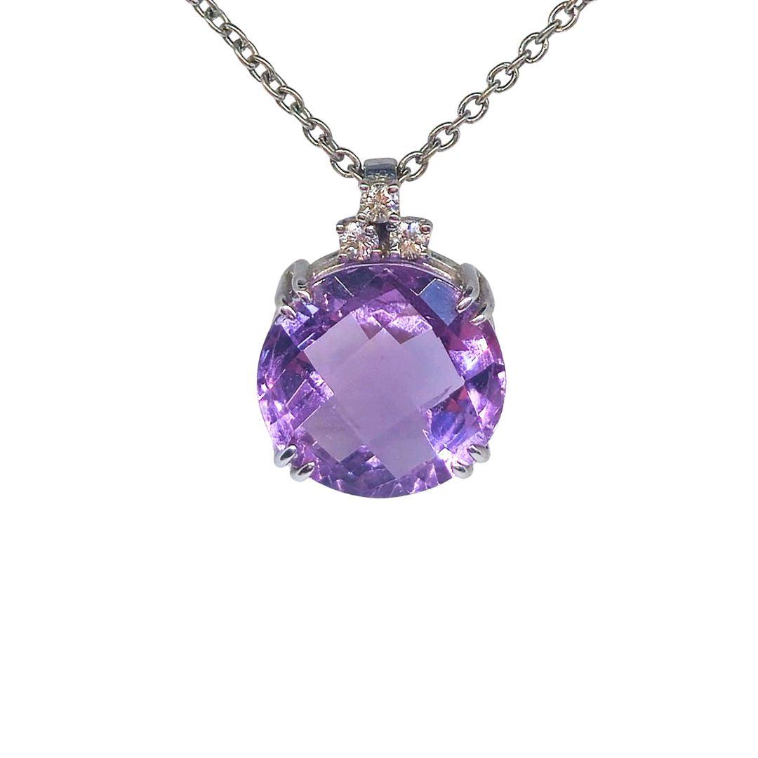 Amethyst & Diamond Crown-Set Pendant – 9ct White Gold