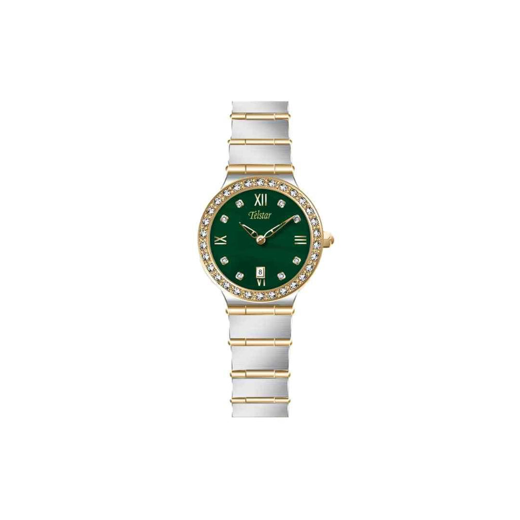 Telstar Ladies Two‑Tone Green Dial Crystal Watch