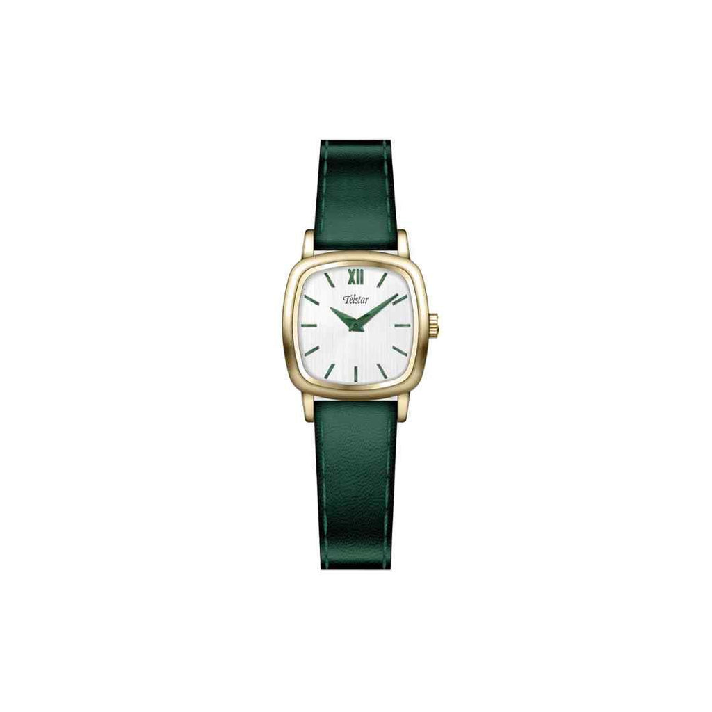Telstar Ladies Gold Square‑Dial Watch — Green Strap